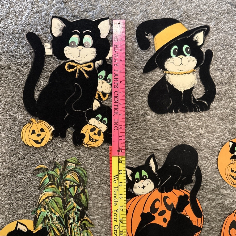 Vintage Die Cut Felt Halloween Decor Green Eyed Black Cat Lot Of 7 - Picture 8 of 11